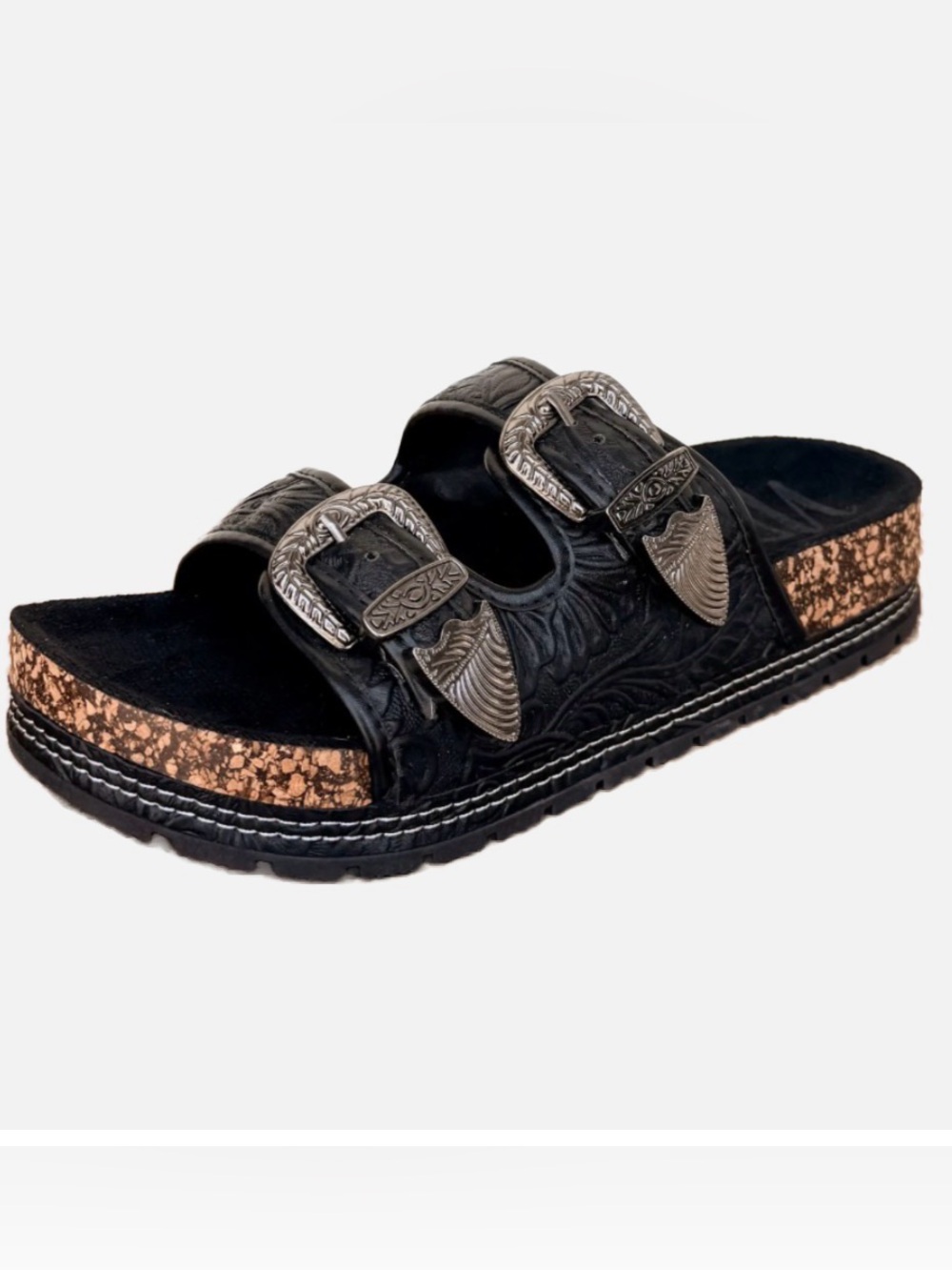 Not Rated Naughty Monkey Black Embossed Tooled Western Dual-Buckle Slide Sandal